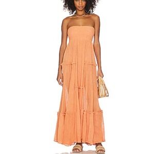Jen's Pirate Booty Maxi‎ Dress Strapless Tiered Ruffle Orange Cotton Boho